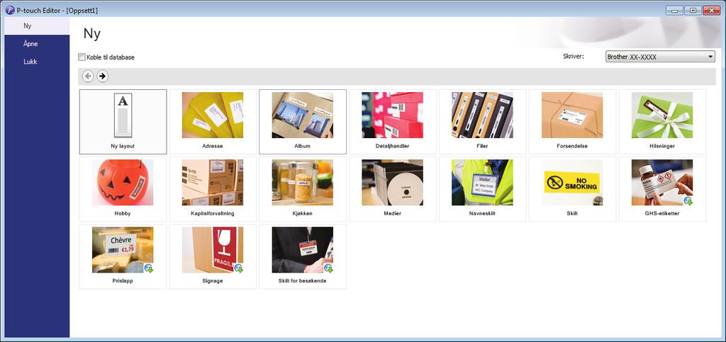 Slik bruker du P-touch Editor 3 Velg ett av alternativene som vises: 4 1 2 3 1 For å opprette et nytt oppsett må du dobbeltklikke på Ny layout eller klikke på Ny layout og så klikke på.