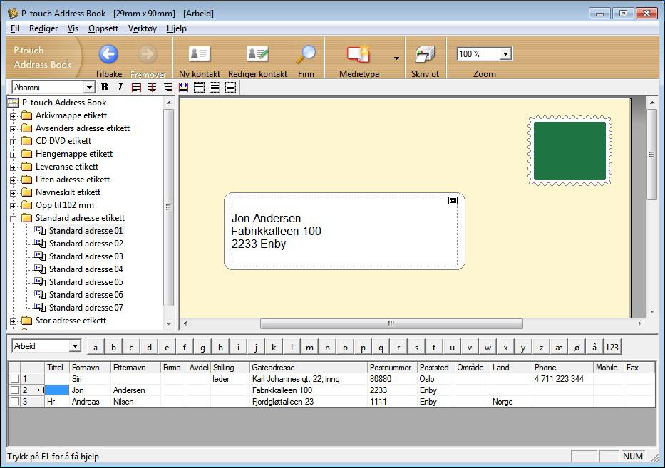 Slik bruker du P-touch Address Book (bare Windows ) Oppsettvindu Oppsettvinduet består av følgende deler: 1 2 3 4 5 8 6 7 8 1 Menylinje Kommandoer er kategorisert under hver meny (Fil, Rediger, Vis,
