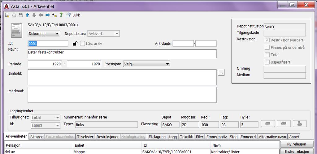 Regler for arkivbeskrivelse i Asta dokument Dette kapitlet er en gjennomgang av alle aktuelle felter for å beskrive dokumenter i Asta. Det er tatt utgangspunkt i redigeringsbildet Dokument i Asta.