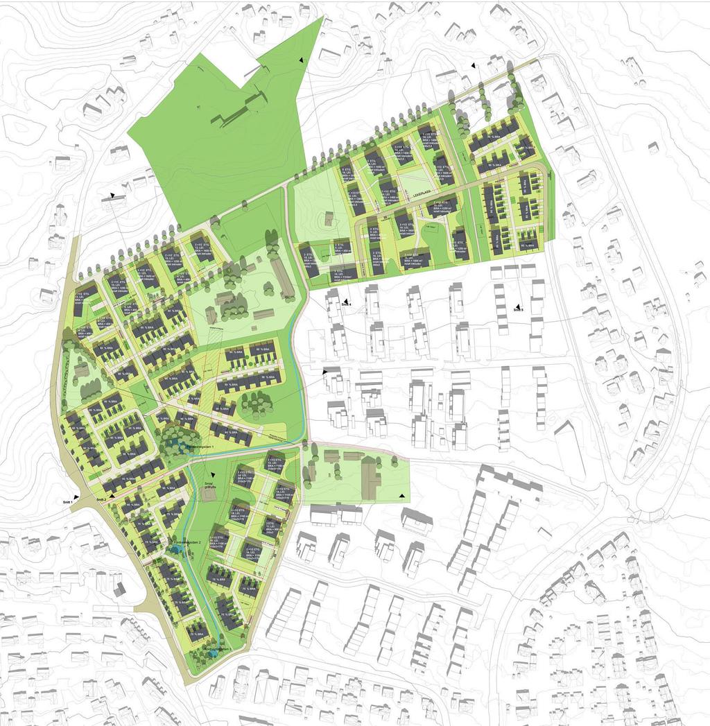 Konsept Generelt for utbyggingen av området legges det vekt på at ytterkantene bebygges med lavere bygninger/rekkehus i 2-3 etasjer.