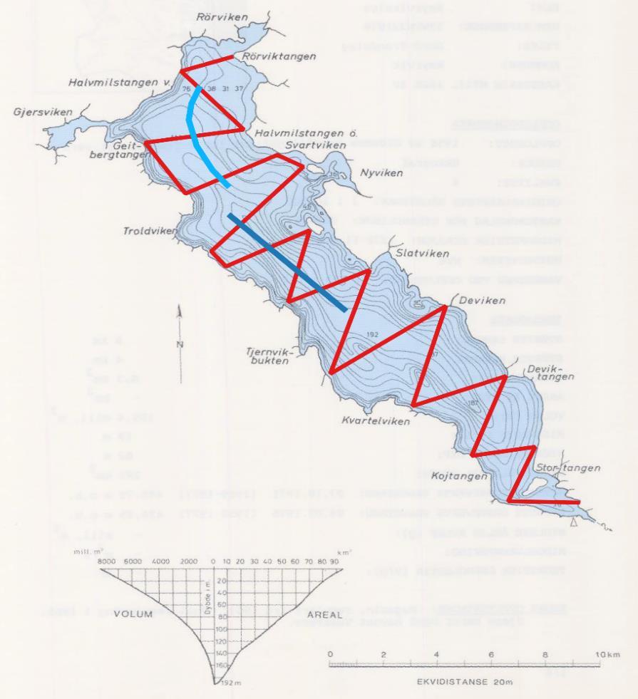 Figur Li2. Dybdekart over Limingen med ekkoloddkurser (røde linjer, dekningsgrad 6,2) og to tråltrekk (lyseblå linjer = 0-6 m dyp, mørkeblå = 15-23 m dyp).