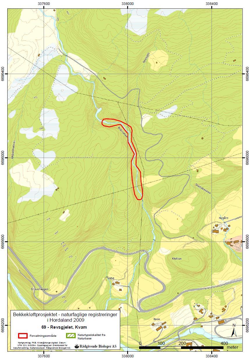 Figur 3. Kart som viser avgrenset forvaltningsområde for Revsgjelet (lok. 69).