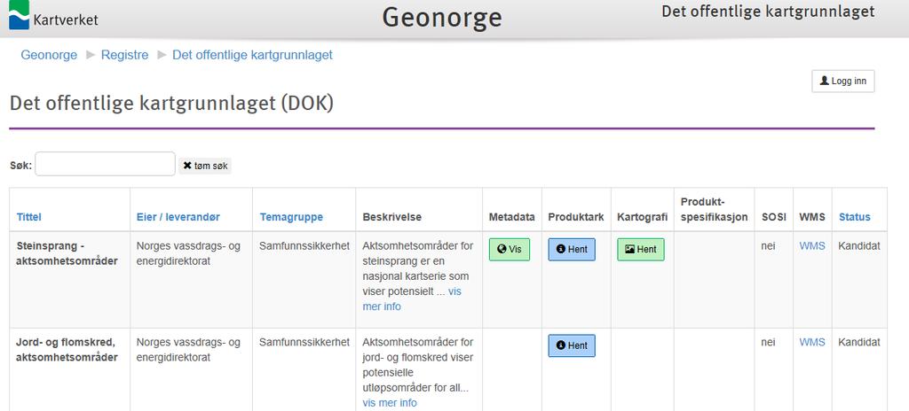 liste over data som er kandidater til DOK i Geonorge 32