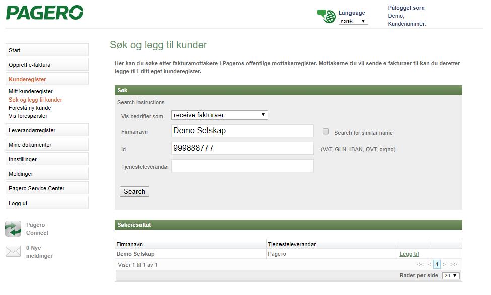 Legge til en ny kunde i kunderegisteret For å kunne sende elektroniske fakturaer til mottakere må du legge mottakerne inn i kunderegisteret.