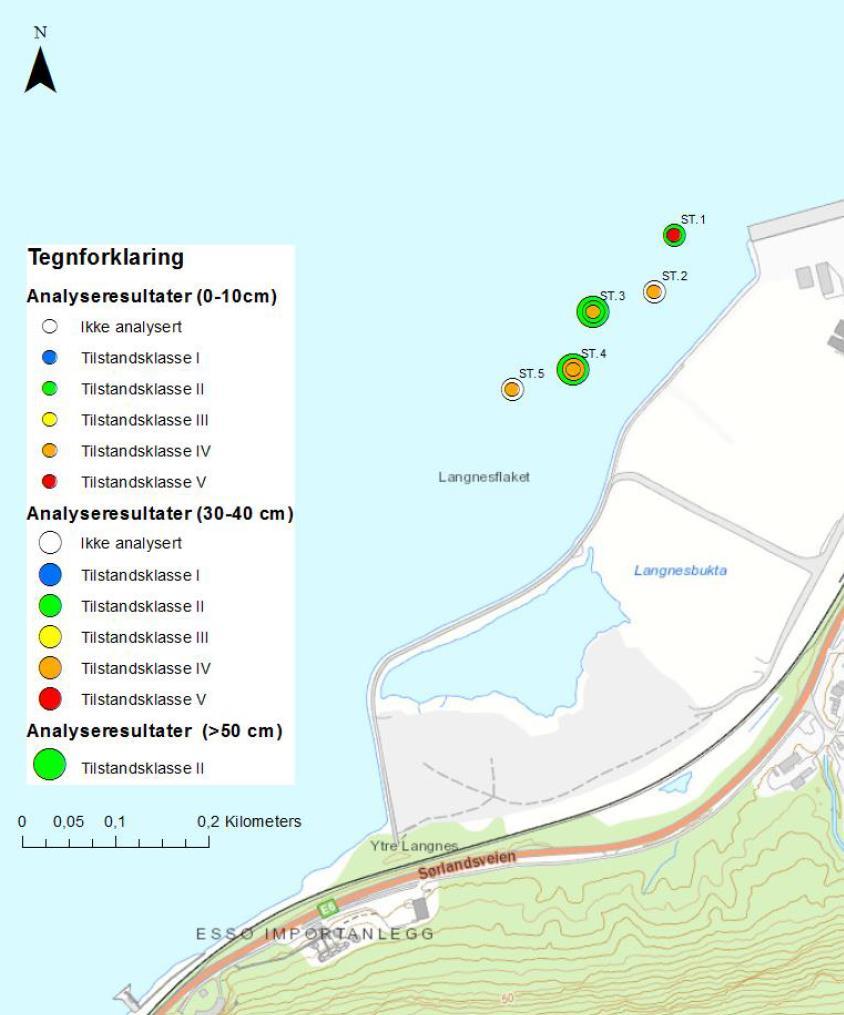 Utfylling Ytre Langnes Supplerende undersøkelser, avgrensningsprøver multiconsult.no PAH-forbindelser i tilstandsklasse III, og PAH-forbindelsene antracen og indeno(123cd)pyren i tilstandsklasse IV.