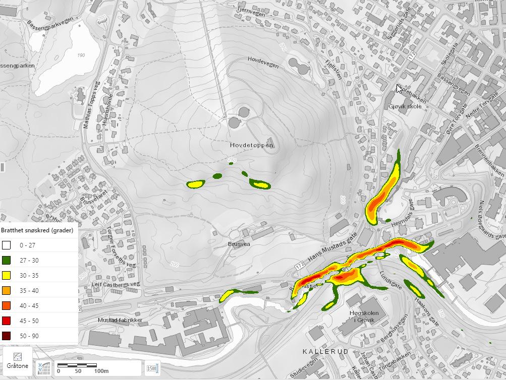 NVE sin kartdatabase (nve.atlas.no) viser bratthet snøskred med helning i gul og grønn sone innenfor planområdet.