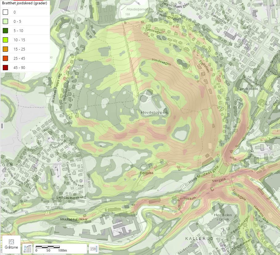 For bratthet jordskred viser samme kartdatabase at det er helning i grønn, oransje og rød sone innenfor planområdet.