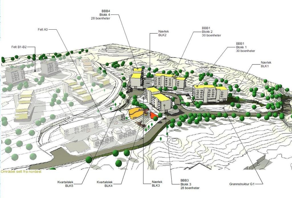 Boligbebyggelse Området sett fra nordøst Det er avsatt tre nye boligfelt, BBB1-3, med henholdsvis to boligblokker i felt BBB1, og en boligblokk i hver av felt BBB2 og BBB3.