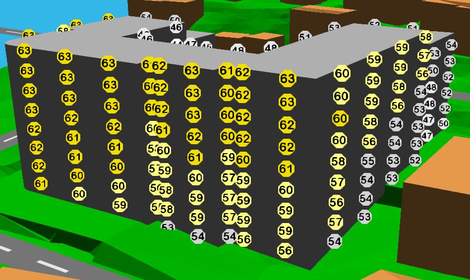 Figur 2: Beregnet fasadenivå (Lden). Høyeste beregnede fasadenivå (Lden) er opp mot 65 db men ikke over, dvs. gul sone i T-1442 (over Lden = 55 db). Kommuneplanens arealdel 21.