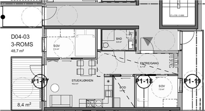 Figur 10: Eksempel på planløsning som tilfredsstiller foreslåtte krav til bebyggelse i rød støysone. (Støynivå L den 65 db utenfor svalgang og L den 55 db på balkong.