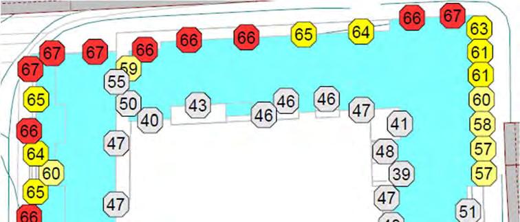 4.2 Støynivå ved fasade 4.2.1 Støy fra veitrafikk Høyeste støynivå fra veitrafikk er vist figur 5. I vedlagte tegning X004 er det vist støynivå i hvert plan.