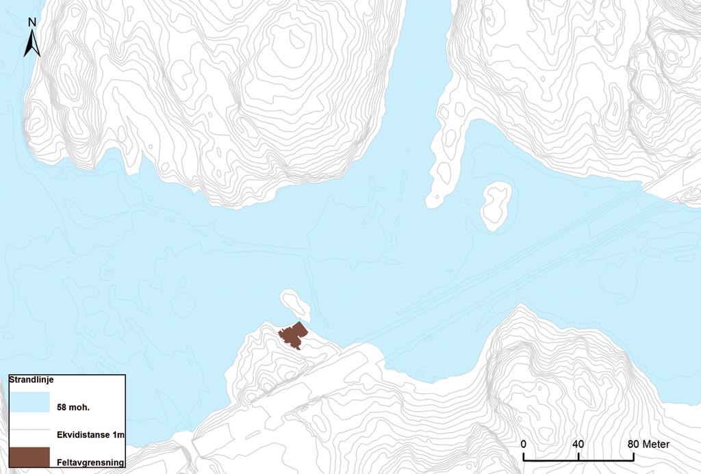 238 e18 bommestad-sky Figur 16.3. Lokalitetens beliggenhet ved en strandlinje på 58 moh. utstrekning ble det ikke ansett som nødvendig med en innledende undersøkelse for å avklare funndistribusjonen.
