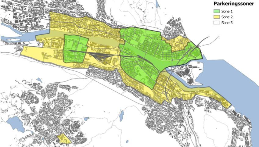 Figur 18 : Sykkelruter (Kilde : Drammen kommune). Planområdet er merket med svart sirkel Parkering Ny «Parkeringsstrategi med parkeringsveileder» for Drammen kommune ble vedtatt av Bystyret 18.12.