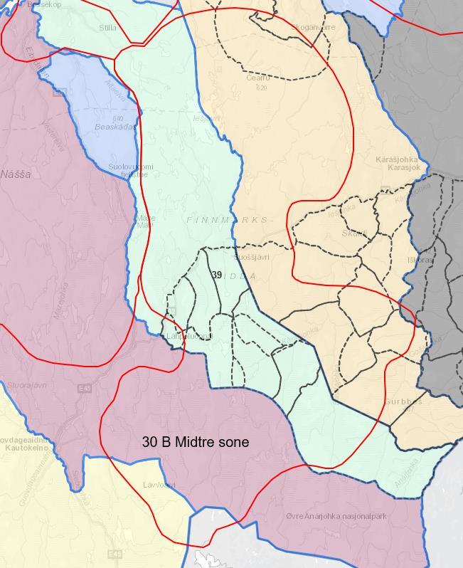 Analyseområde 39: Berører østlige del av distriktet. Beitekart som beskriver årtidsbeitene innenfor har mangelfull informasjon vedrørende flyttevei.