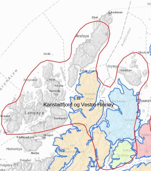2.12 Analyseområde nr. 33 Kanstadfjord/ Vestre Hinnøy(Iinnásuolu), Kongsvikdalen, Tjeldøya RBD (Dielddasuolu) 2.12.1 Distriktsvis vurdering Linnásuolu orohat / Kanstadfjord Vestre Hinnøy RBD Analyseområde nr.