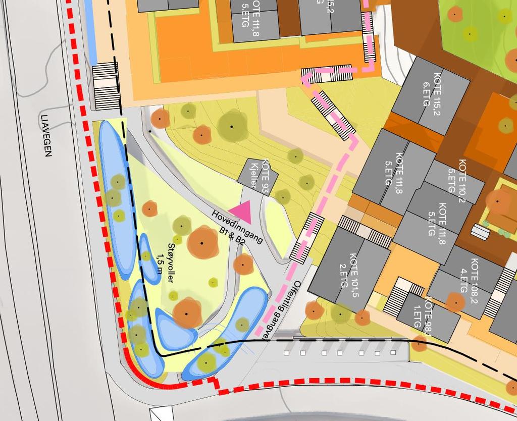 5.1.2 Støyskjerm mot Liavegen Mot Liavegen i vest anlegges det både støyskjerm over parkeringskjeller og støyvoller på terreng. Høyde på støyvoller mot Liavegen er vist i Figur 8.