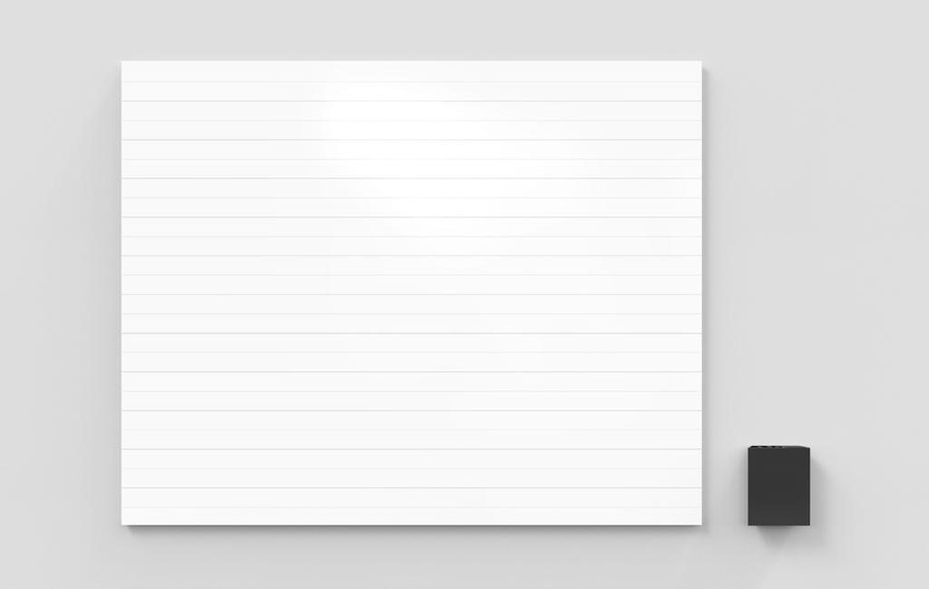 Skjulte beslag Dybde fra væg 25 mm Stålkeramisk magnetisk skriveoverflade e3 certificeret 99 % genanvendelig 30 års garanti på skriveoverfladen Linjeret skrivetavle med hvide fasede kanter i stedet