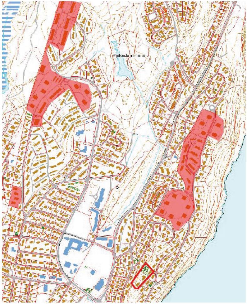 Illustrasjonen markerer planområdets lokalisering med blå stjerne. De røde områdene viser hvor det ligger blokkbebyggelse i området for øvrig.