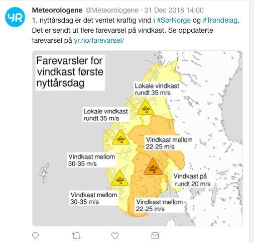 Figur 8: Twitter-meldingen sendte ut mandag 31. januar klokken 14. 1.5.2. Medias omtale av konsekvenser av uværet I Hafslunds område i, Akershus og Østfold var til sammen 26.
