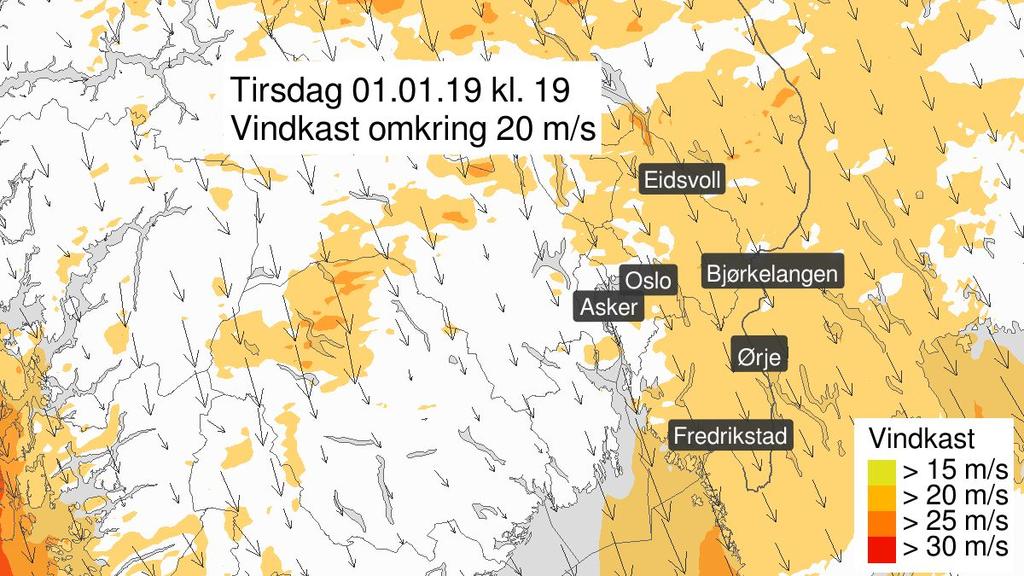 Fra tirsdag ettermiddag ventes lokalt kraftige vindkast på omkring 20 m/s østafjells. Vinden minker natt til onsdag. Figur 6: Illustrasjon til farevarselet.