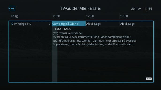 Du åpner TV-guiden ved å trykke på på fjernkontrollen. Det er også mulig å starte opptak både av programmer som går og programmer frem i tid direkte fra TV-guiden.