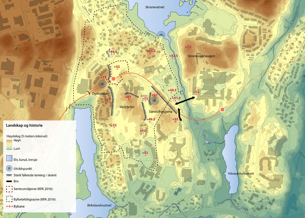 Fire eksempler Som illustrasjoner på mulige variasjoner i innholdet i byromsanalysen vises utkast til analyse og byromsanbefaling for fire ulike områder: Sandslimarka rundt et nytt bybanestopp med