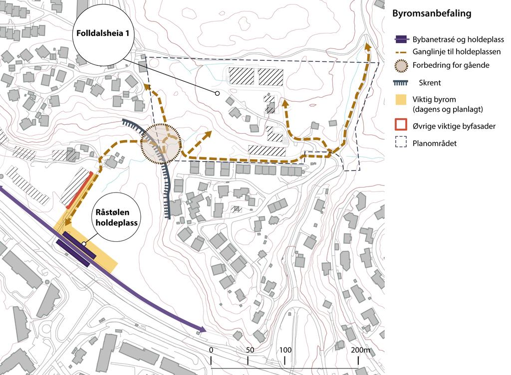 Folldalsheia 1 Dette er eksempel på et nybyggområde i et felt i enden av et veihierarki, men som i luftlinje ligger relativt nært en bybaneholdeplass.