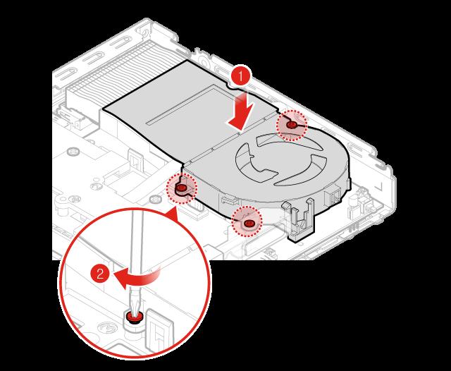 Figur 51. Hvordan installere systemviften 9. Koble systemviftekabelen til systemviftekontakten på hovedkortet. Se «Hovedkort» på side 3. 10.