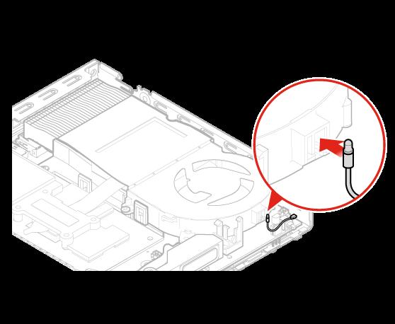 b. Installer kabelen for den lysende røde prikken. Figur 53. Installere kabelen for den lysende røde prikken 4. Koble kabelen til den opplyste røde prikken til hovedkortet. Se «Hovedkort» på side 3.