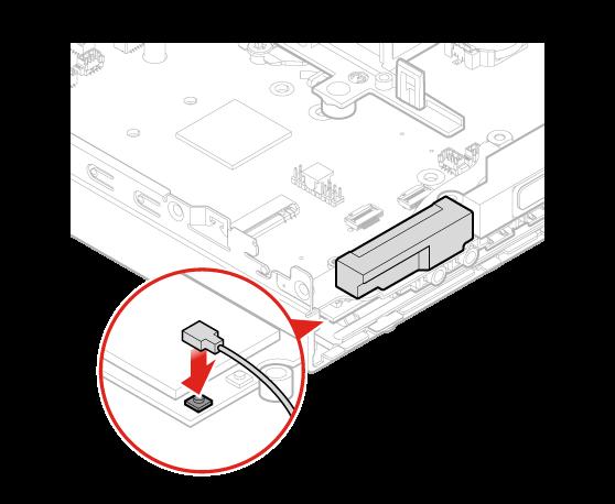 Figur 58. Installere fremre Wi-Fi-antenne d. Koble den fremre Wi-Fi-antennekabelen til Wi-Fi-kortet. Figur 59. Koble den fremre Wi-Fi-antennekabelen til Wi-Fi-kortet 6.