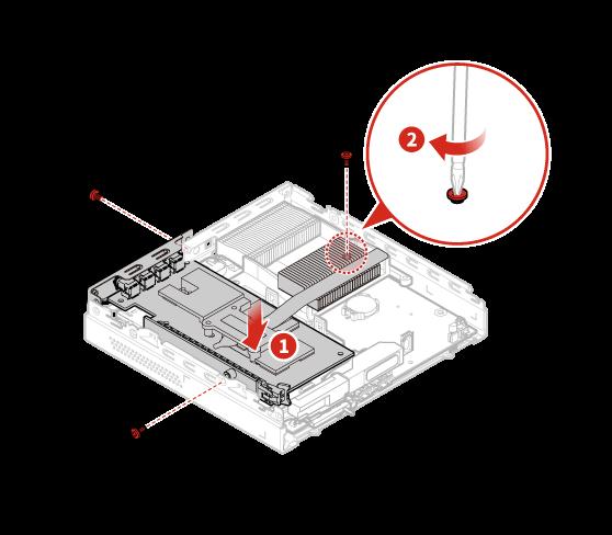 Figur 70. Installere PCI Express-kortadapteren d. Installer PCI Express-kortet. Figur 71. Installere PCI Express-kortet 7. Sett på plass maskindekselet og koble til kablene igjen.