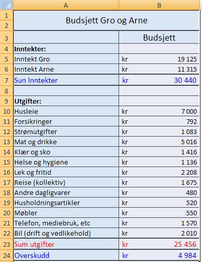 I forsikringer betaler de 9 500 kroner per år. Strømutgiftene er på 13 000 kroner per år. Gro og Arne har en bil. De beregner de øvrige utgiftspostene ved å benytte seg av budsjettet til SIFO.