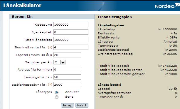 5.7 Bruk lånekalkulatoren hos Nordea nettbank og gjør samme oppgave som 5.6 b med den forskjell at du nå velger annuitetslån. Hvilke forskjeller er det på annuitetslånet i forhold til serielånet?