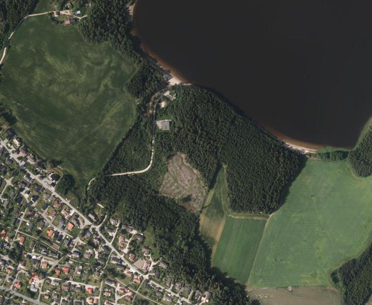 Figur 2. Planlagt boligområde vil ligge sentralt i bildet mellom eksisterende boligfelt og hogstflate. Isesjøen er råvannskilde for drikkevann for Sarpsborg kommune, med inntak på 12-15 m dyp.