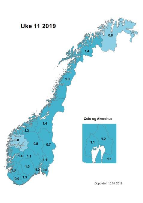 Kart med andel influensalignende sykdom Kartene under viser de fylkesvise andelene influensalignende sykdom fra uke 10 til og