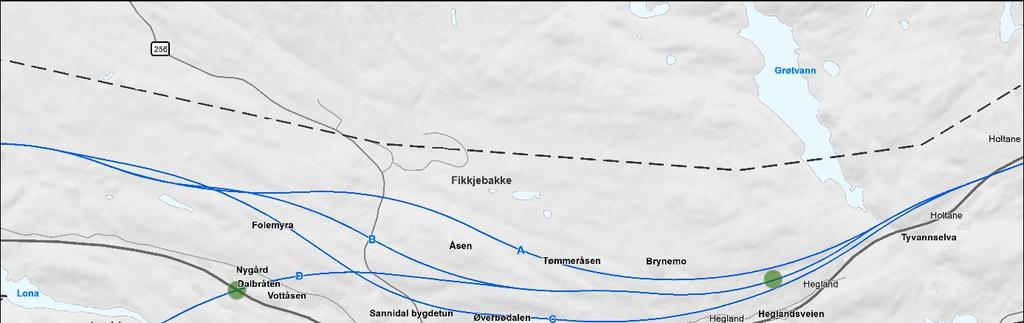 2 Grøtvann Tangen vest 2A: Fra Tyvannselva ligger store strekninger av eksempellinja i skjæring frem til Fikkjebakke, hvor den krysser Kvennvasselva i bru.