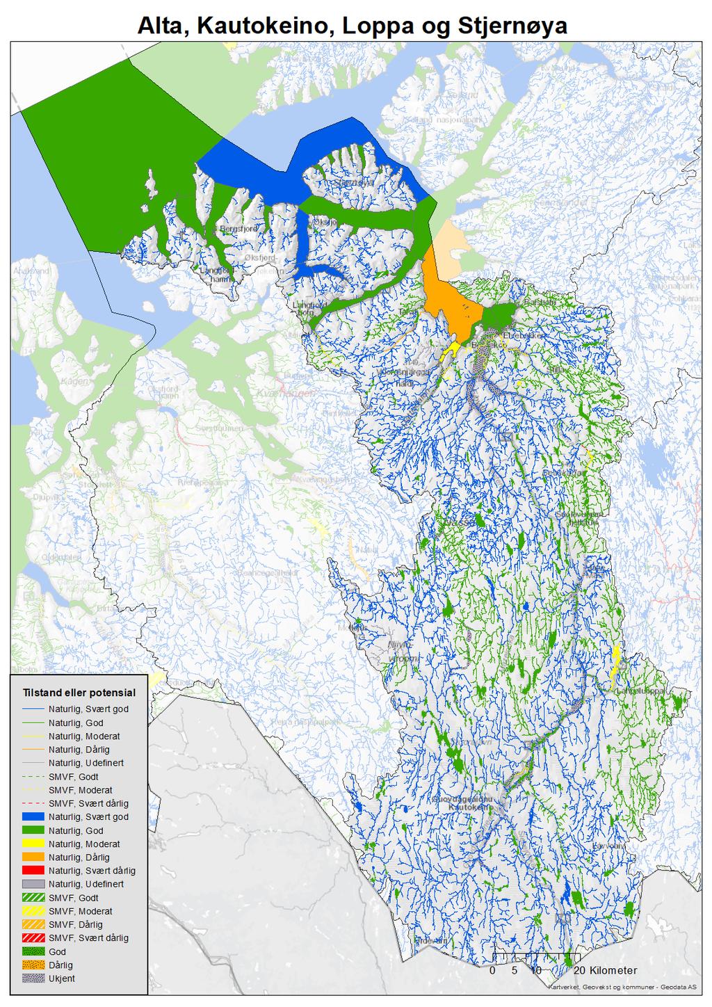 Kartet viser oversikt over økologisk tilstand og potensial for