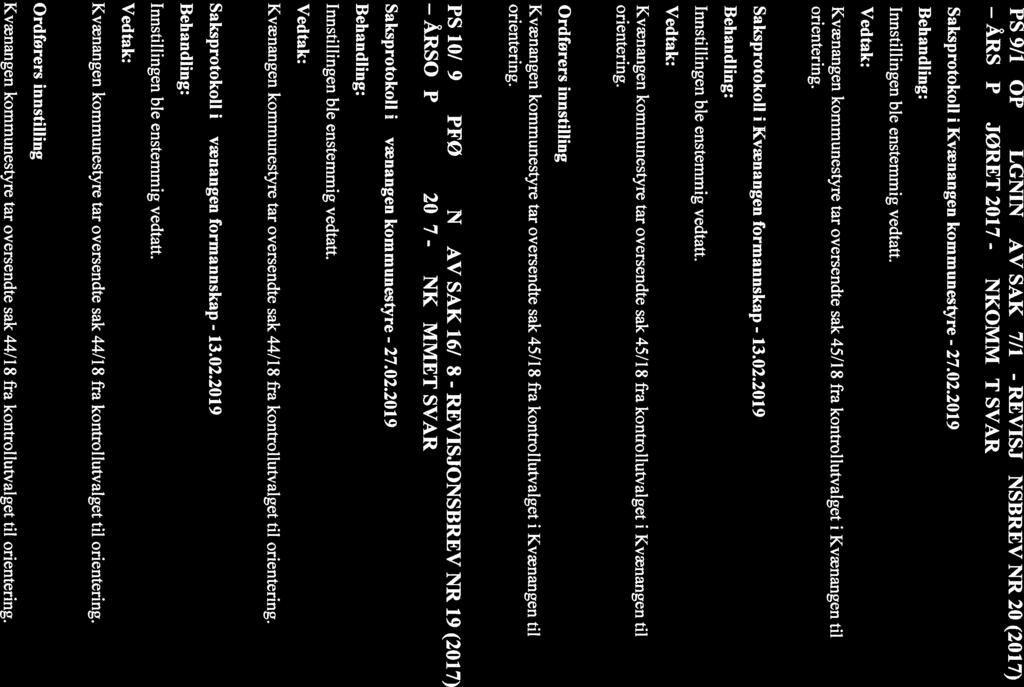 PS 9/19 OPPFØLGNING AV SAK 17/18 - REVISJONSBREV NR 20(2017) - ÅRs0PPGJØRET 2017 - INNKOMMET SVAR Kvænangen kommunestyre tar oversendte sak 45/18 fra kontrollutvalget i Kvænangen til orientering.