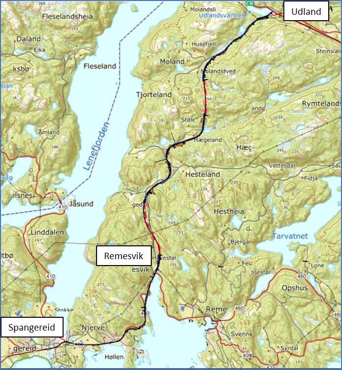 2.2.4 Ny veiforbindelse til Spangereid Figur 2-2 Ny veiforbindelse til Spangereid Figur 2-2 viser forslag til ny veiforbindelse mellom Spangereid og Udland.