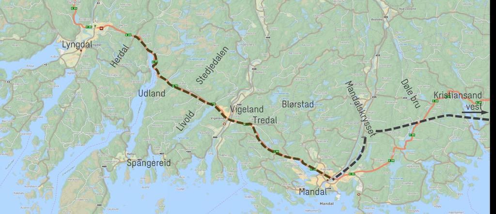 eksisterende E39 i referansealternativet (se figur 2-3). I tillegg inngår øvrige prosjekter i regionen som ligger inne i handlingsplanen til transportetatene for Nasjonal transportplan 2018-2029.