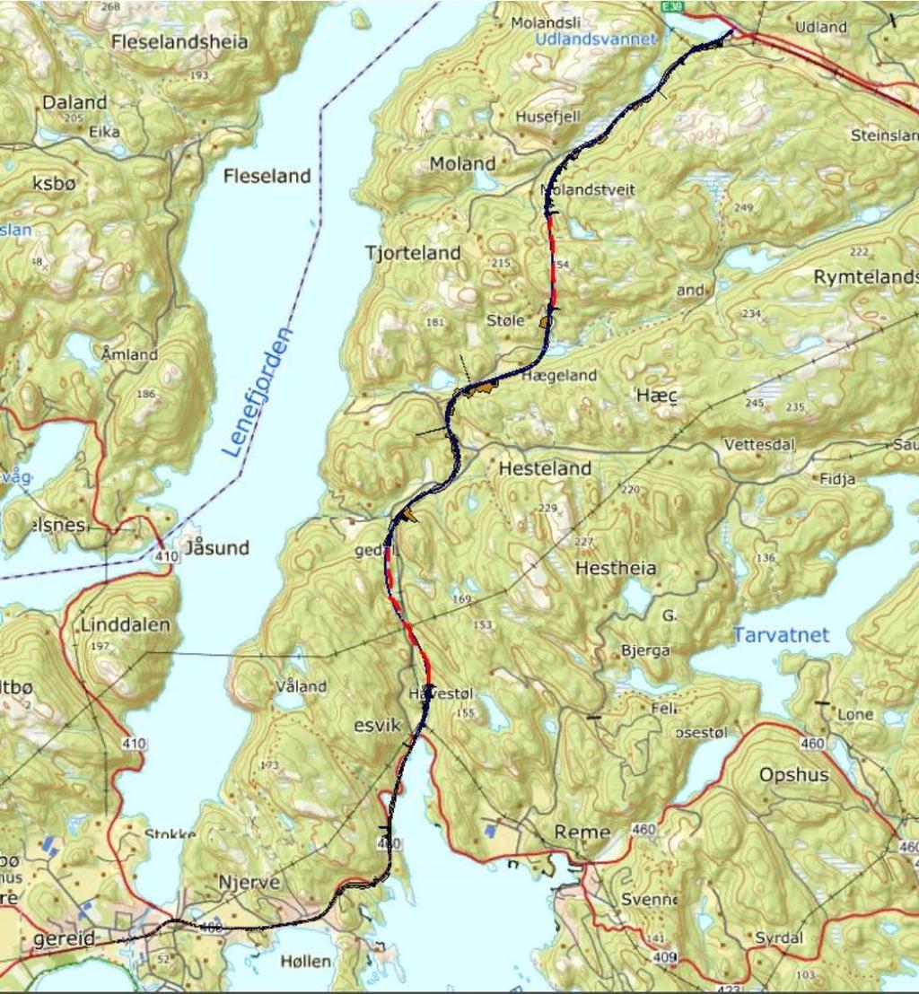 5.3 Løsning for ny vei til Spangereid Figur 5-1 Ny veiforbindelse til Spangereid Ny vei til Spangereid har følgende standard: H1-vei mellom Remesvik og Udland. 80 km/t.