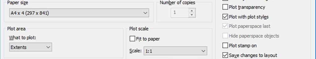 4. Sørg for at skala er satt til «1:1». Ikke bruk «Fit to paper». Figur 14 Plotteinnstillinger TIPS: For å få frem høyre side av vinduet benytt pilen nederst til høyre 5.