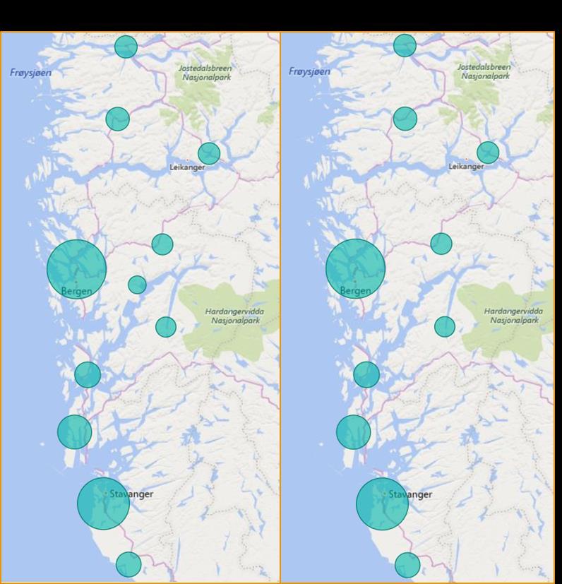 Figur 3 Tjenestesteder for førerprøver klasse B i Rogaland, Hordaland og Sogn og Fjordane 3.3.4 Trøndelag og Møre og Romsdal Trøndelag og Møre og Romsdal har i dagens tjenestestruktur 14 trafikkstasjoner, med den nordligste i Namsos og den sydligste i Ørsta.