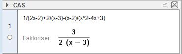 Eksempel 3 Oppgave Skriv så enkelt som mulig 1 3 4 3 Løsning Nevneren 4 3 har nullpunktene 1og 3. Det gir at 1 3 4 3 Da er 1 3 4 3 1 Fellesnevner er 1 3.