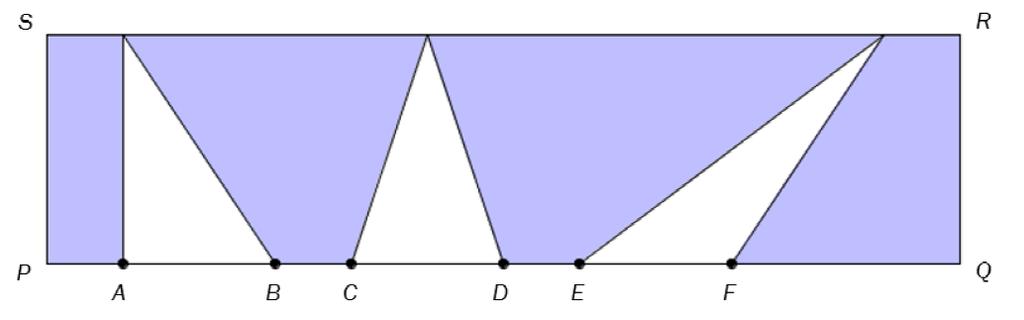 Oppgave 4 ( poeng) Figuren ovenfor viser et rektangel PQRS. PQ = 1cm, QR = 3 cm og AB = CD = EF = cm. Bestem arealet av det blå området.