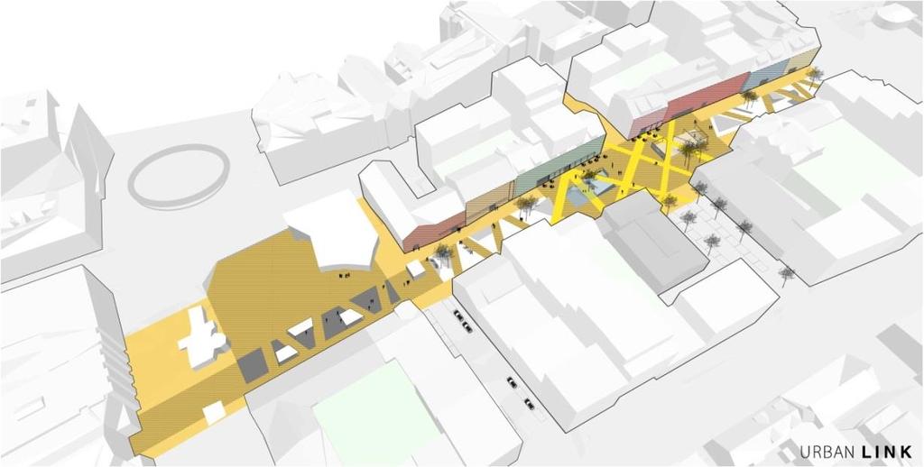 Bildet viser prinsippskisse for Storgata. Illustrasjon av Bankplassen som møte- og lekeplass, sett fra Nordlandsbankbygget.