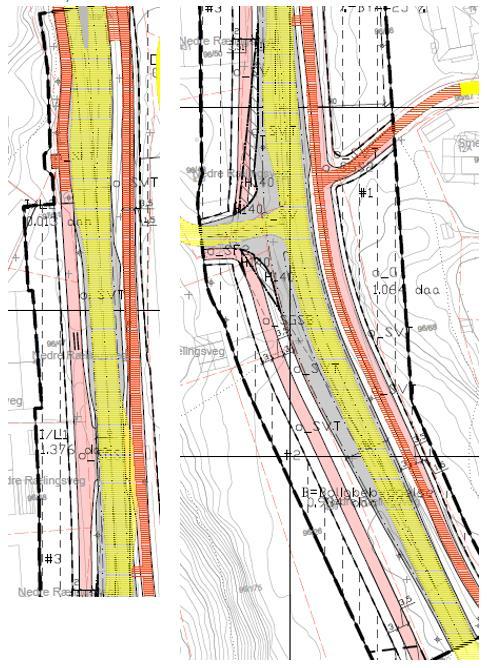 Illustrasjonene viser eksisterende kjørevei (gul skravur), eksisterende gang- og sykkelvei (rød skravur) og ny vei i grått og ny gang- og sykkelvei som rosa.