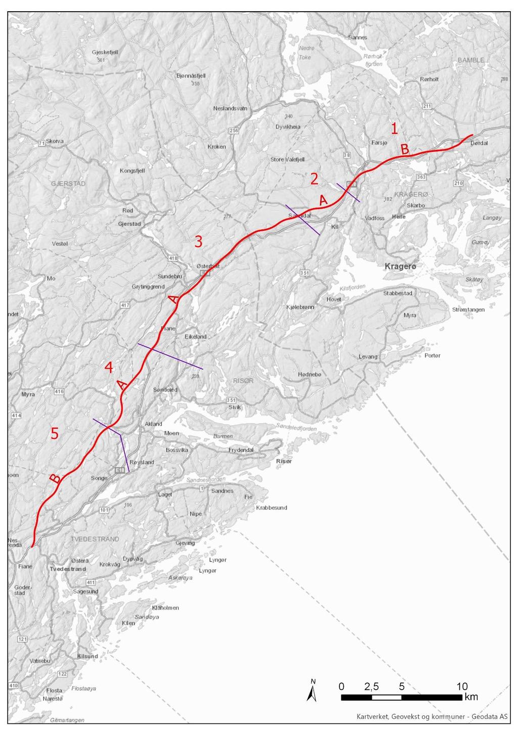 Konsekvensutredning- sammenstilling av samfunnsøkonomisk analyse E18 Dørdal - Grimstad Figur 14 Linjekombinasjonen som anbefales på delstrekningen Dørdal-Tvedestrand Begrunnelse for anbefaling på