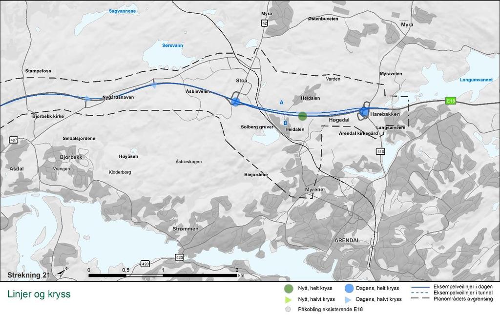 21 Arendal-Asdal 21A: Eksempellinjen kobler seg på traséen som er under bygging ved Harebakken og legges like vest for dagens E18. Dagens E18 på strekningen får ny funksjon som lokalvei.