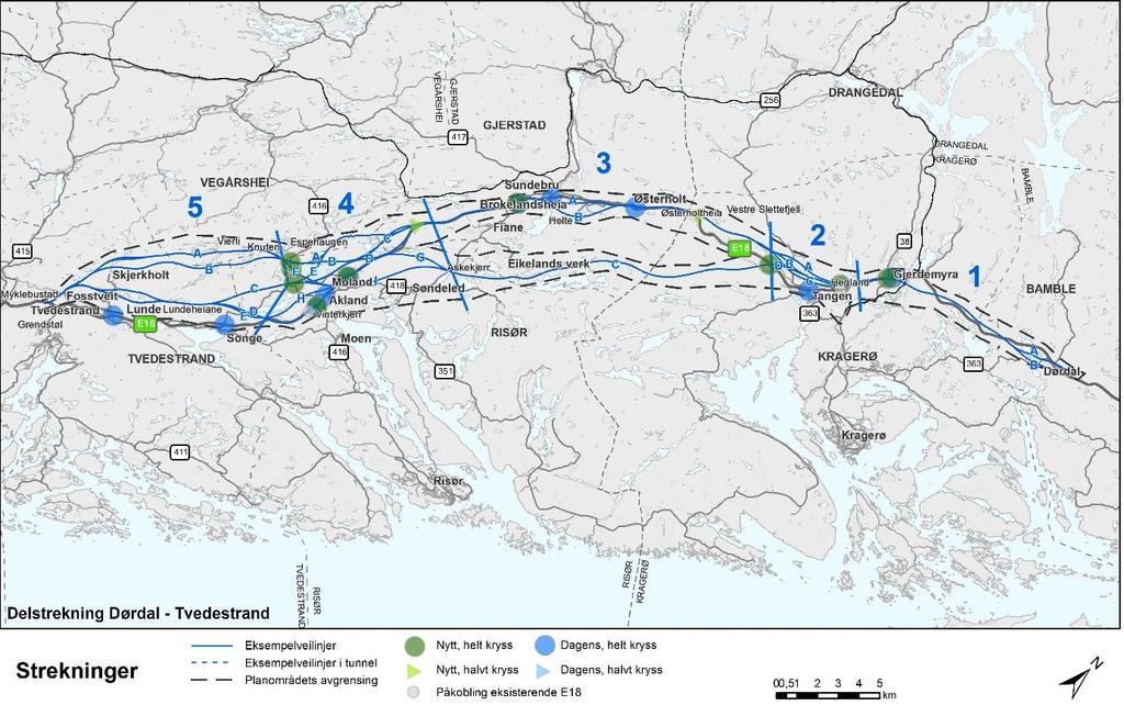 1.2 Tiltaksbeskrivelse Eksempellinjer som er utredet Innenfor delstrekningene Dørdal-Tvedestrand og Arendal-Grimstad er det utredet en rekke eksempelveilinjer.